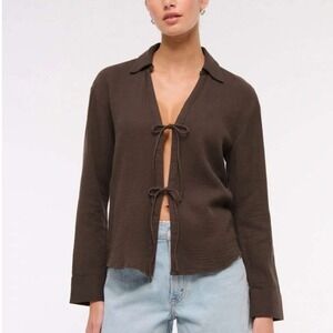 Abercrombie & Fitch Top Small Brown‎ Tie Front Gauze Long Sleeve Cotton NWT